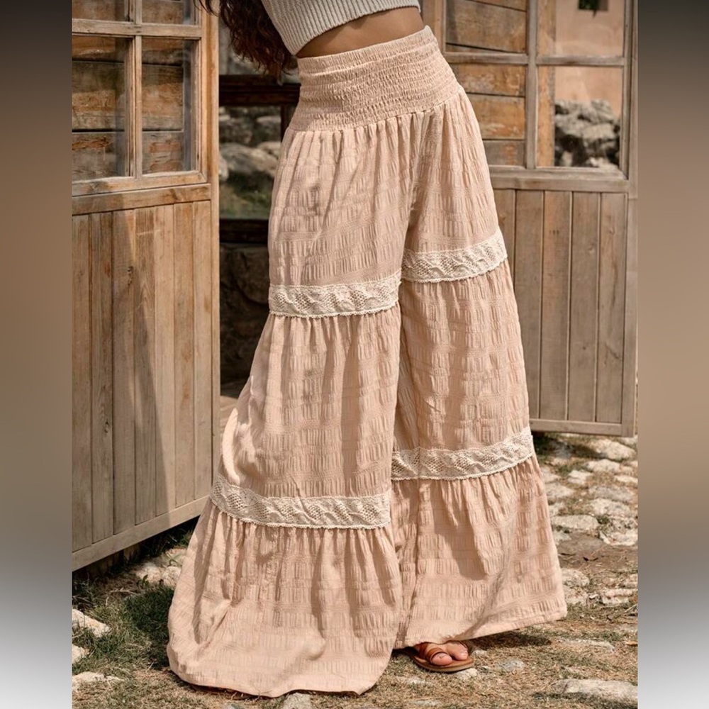 Elegant Beige Textured  Maxi Skirt with Lace Trim